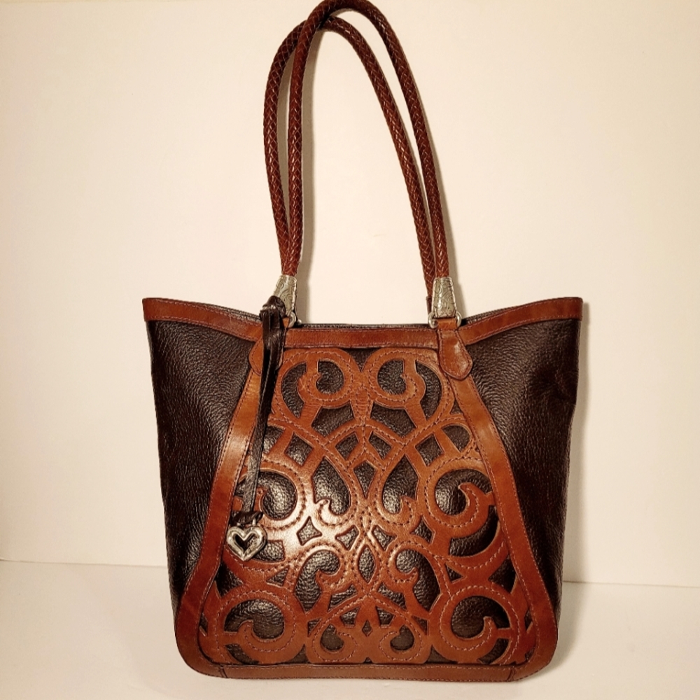 Brighton Brown and Tan Leather Cutout Tote with Heart Charm